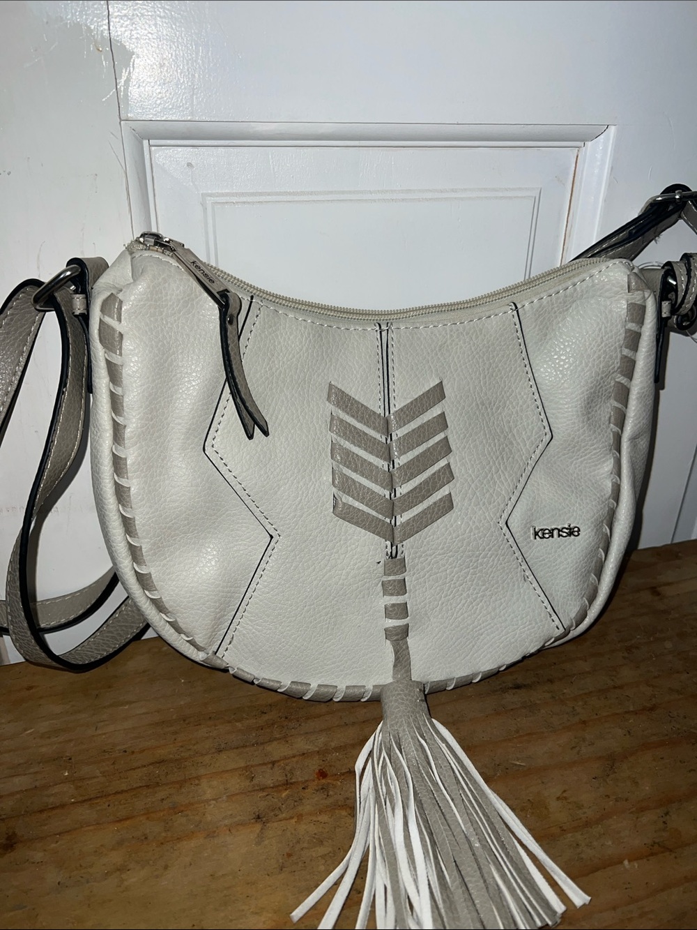 Kensie Ivory Leather Crossbody Bag with Tassel